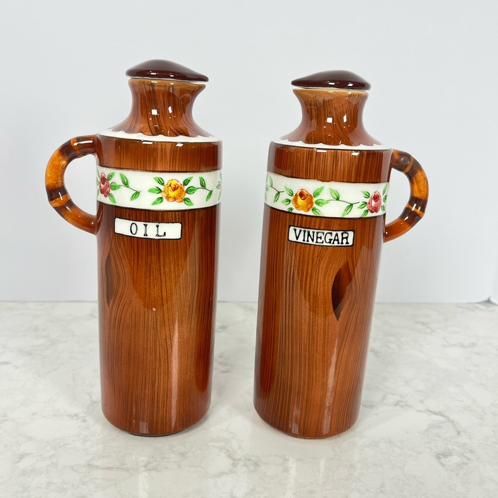 Vintage orchard ware Ceramic Oil & Vinegar Cruet Set with Floral Band - Brown
